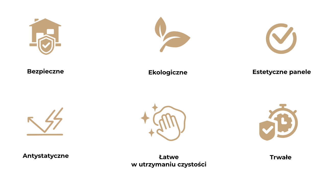 Obraz
            przedstawia pięć ikon opisujących zalety korka dekoracyjnego i okładziny korkowej na ścianę.